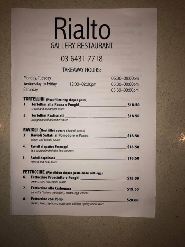 Menu at Rialto Restaurant, Burnie