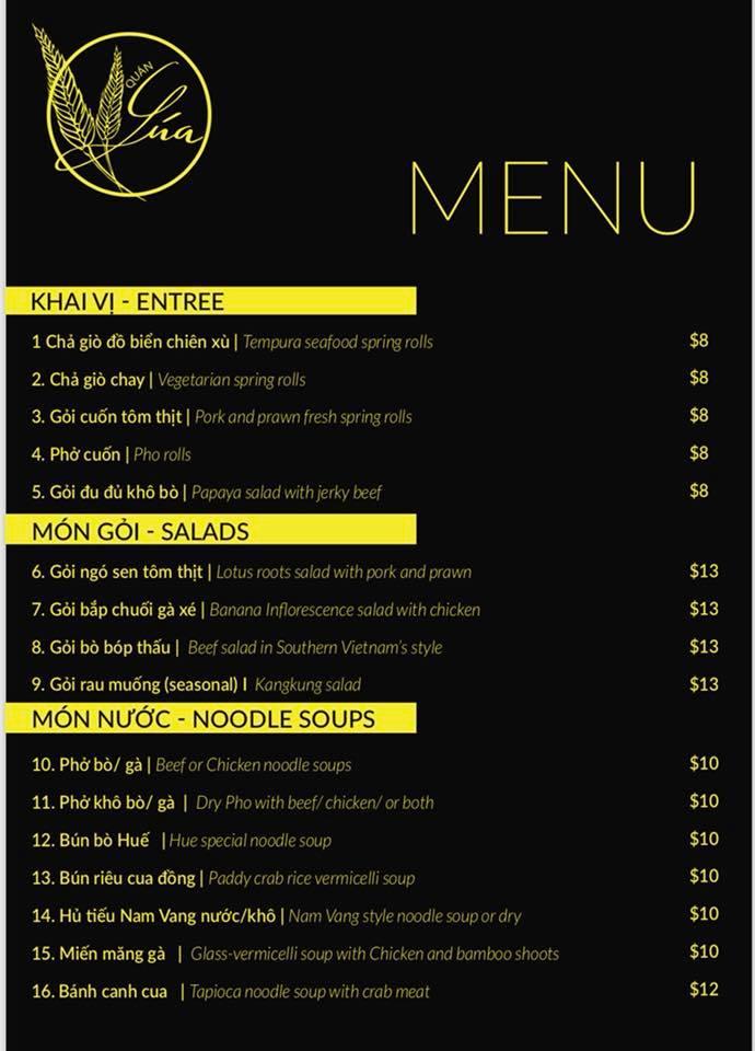 Menu at Quan Lua restaurant, Springvale