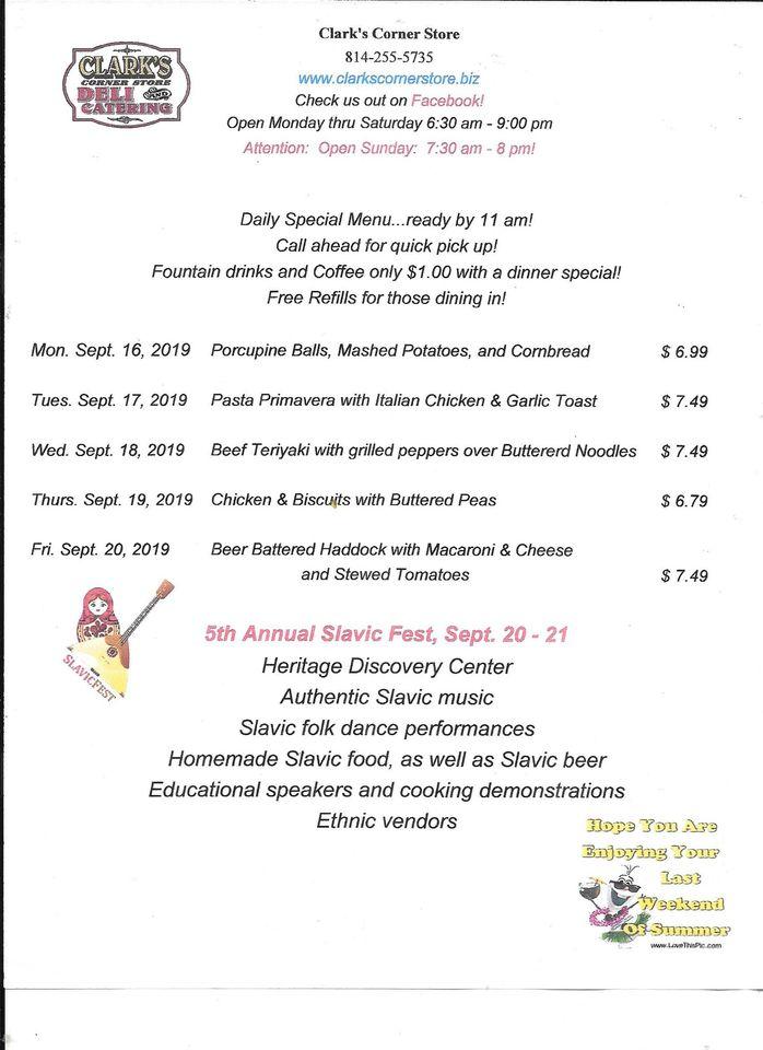 Menu at Clark's Corner Store pizzeria, Johnstown