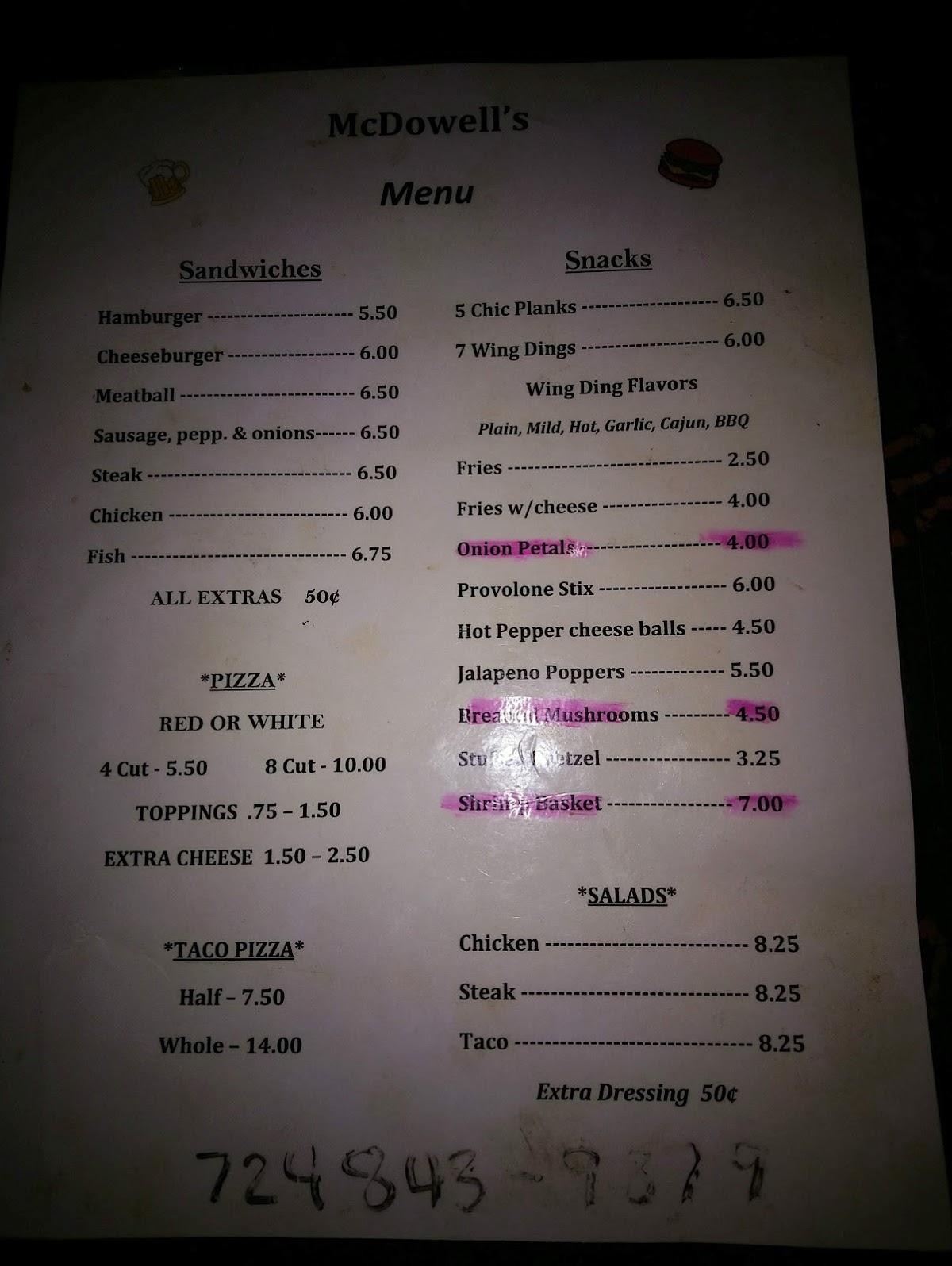 Menu at McDowell's Inn pub & bar, Koppel