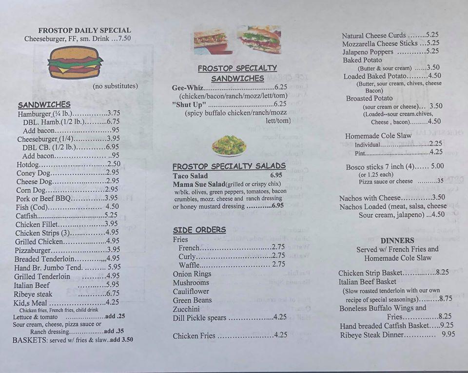 Menu at Riggen's Frostop restaurant, Chrisman