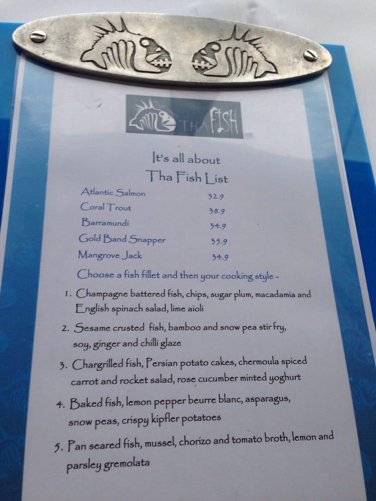 Menu at Tha Fish restaurant, Cairns, The Pier Shopping Centre
