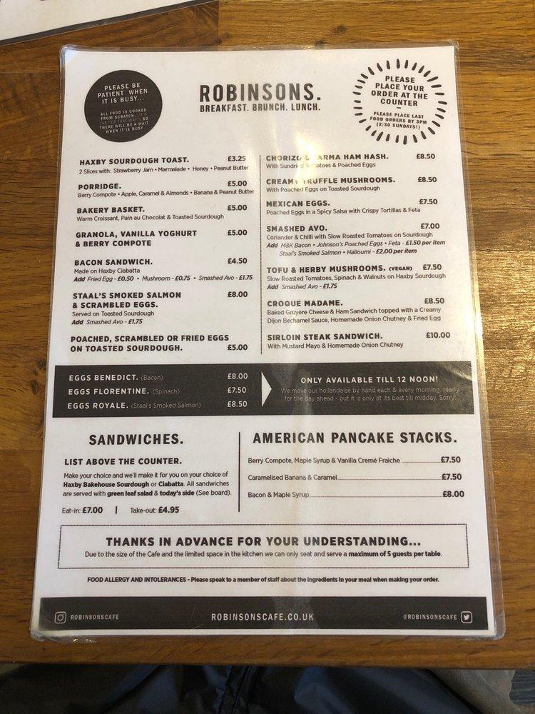 Menu at Robinsons Cafe, York