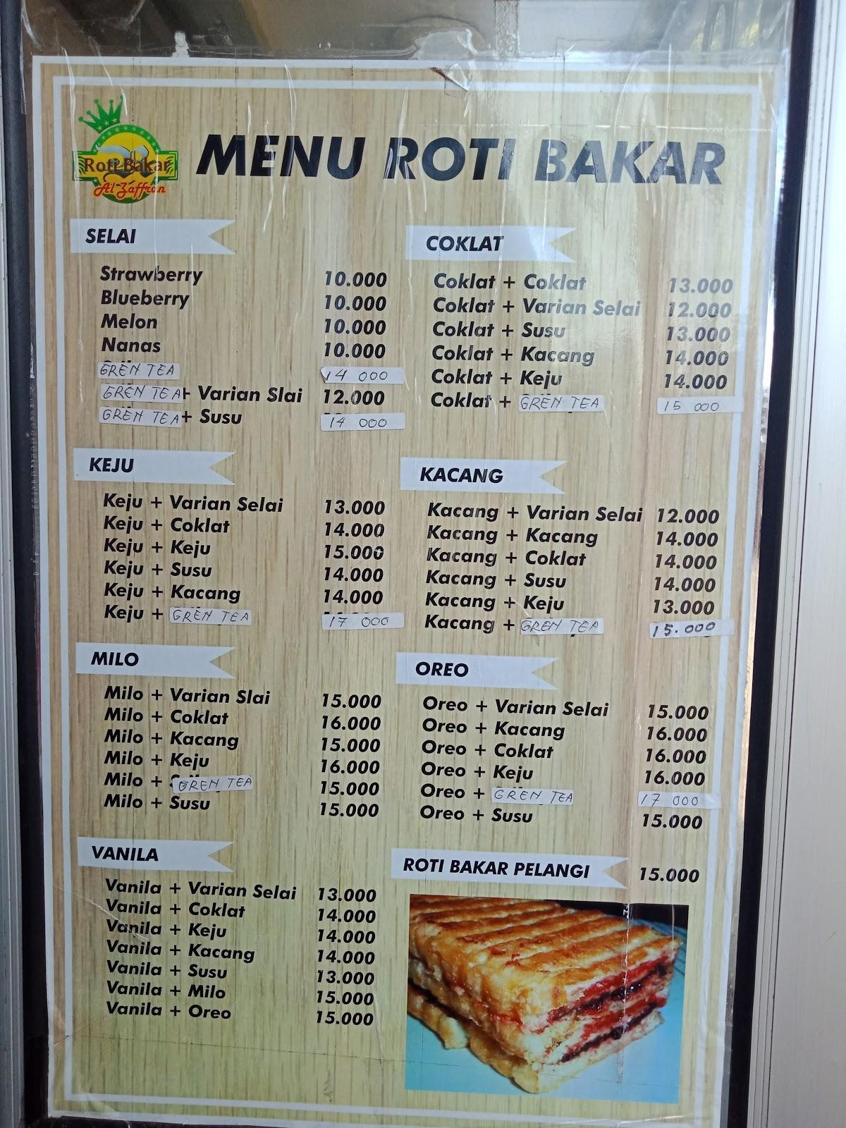 Menu at Roti Bakar Al Zaffran restaurant, Tabanan