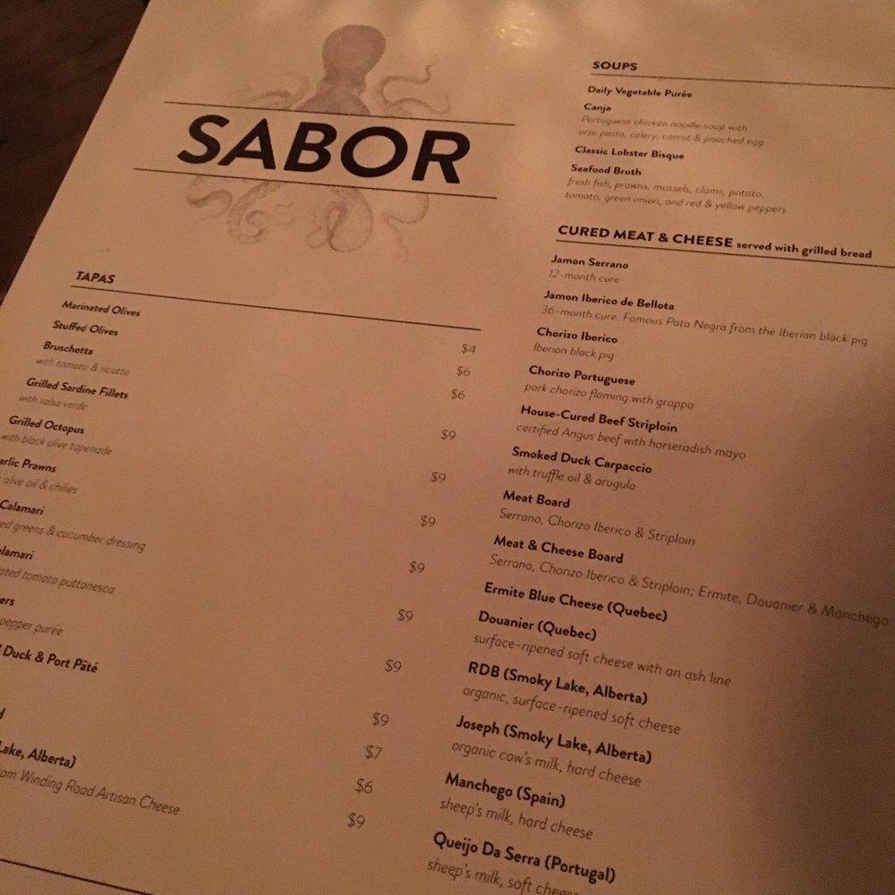 Menu at Sabor Restaurant, Edmonton