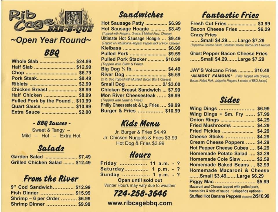 Menu at Rib Cage BBQ, Monongahela