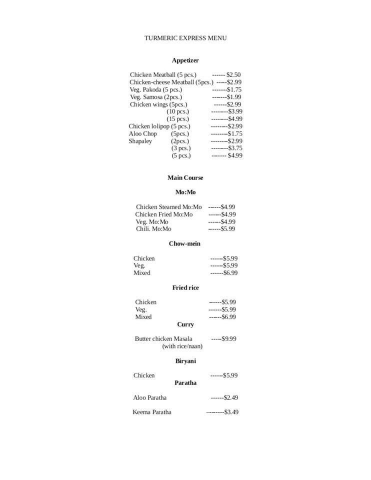 Menu at Turmeric Express restaurant, Irving
