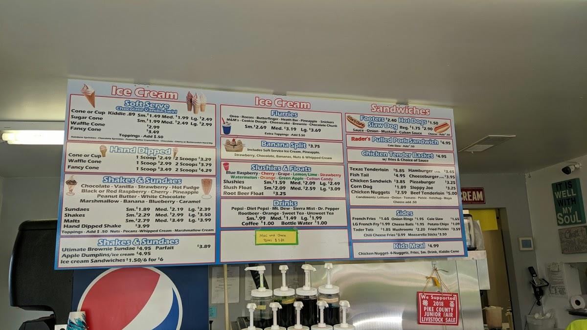 Menu at Raders Dairy Barn, Piketon
