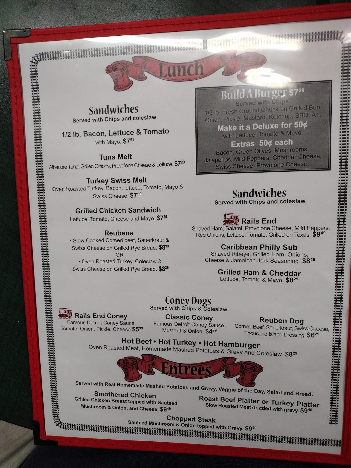 Menu at The Rails End restaurant, Caro