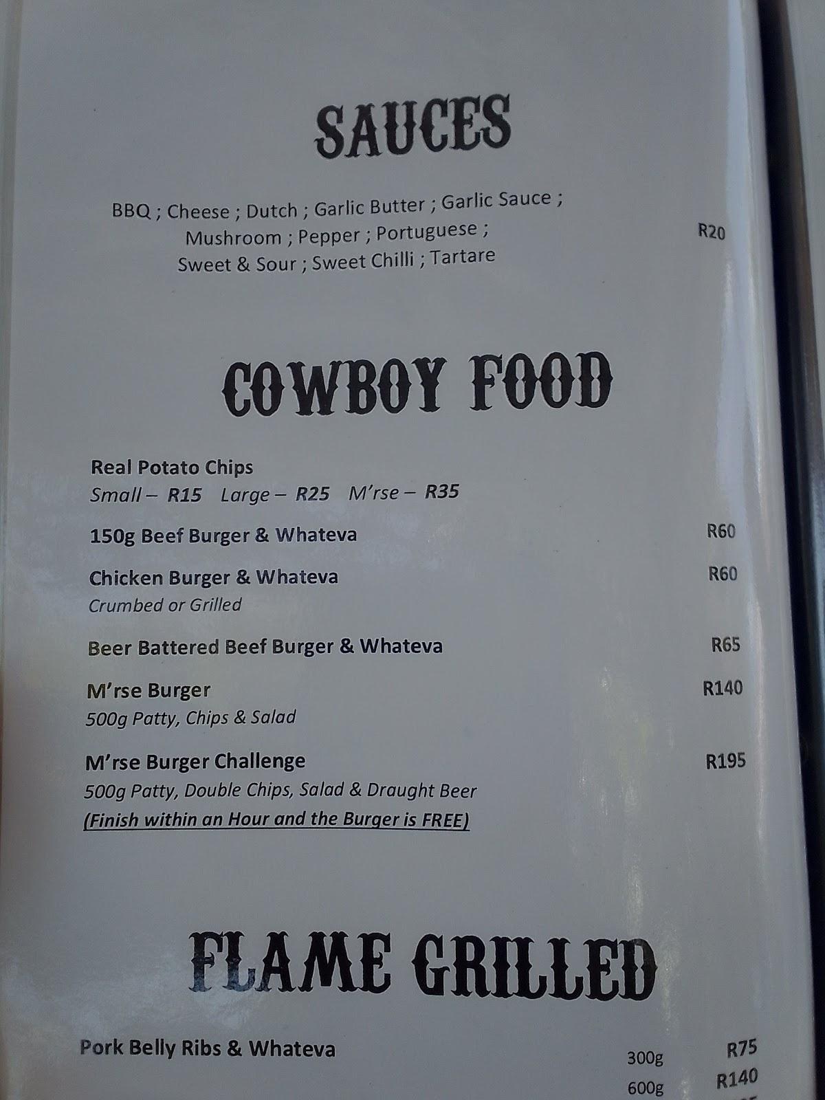 Menu at R72 Saloon restaurant, Port Alfred