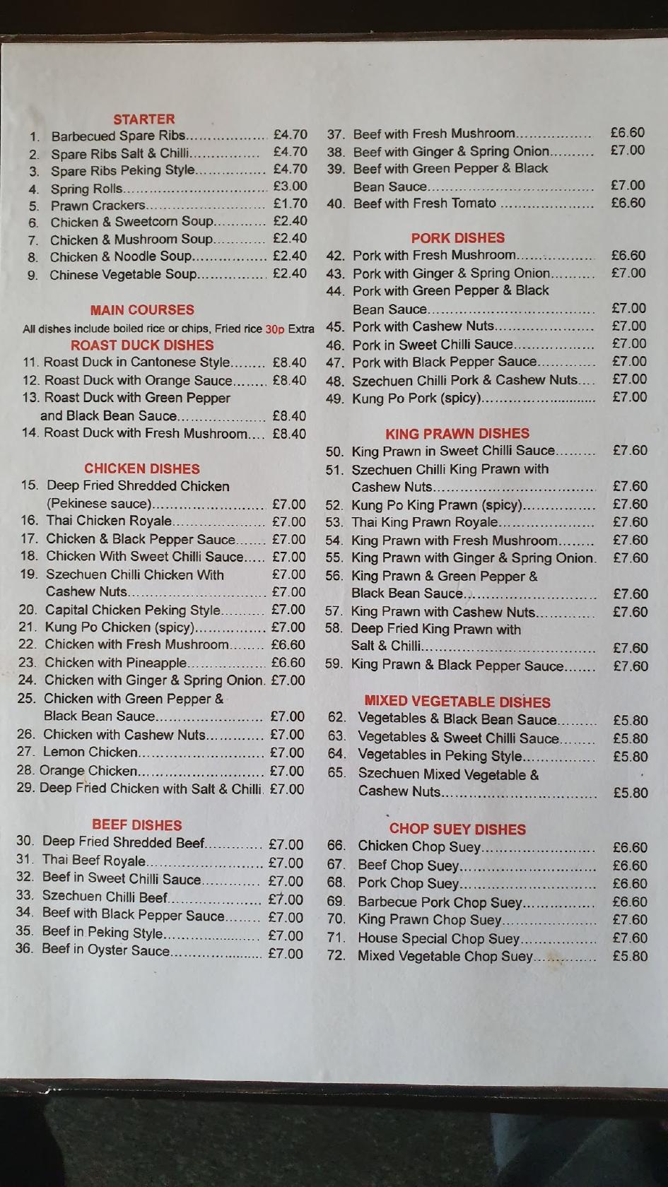 Menu at Wing Hong restaurant, Portrush