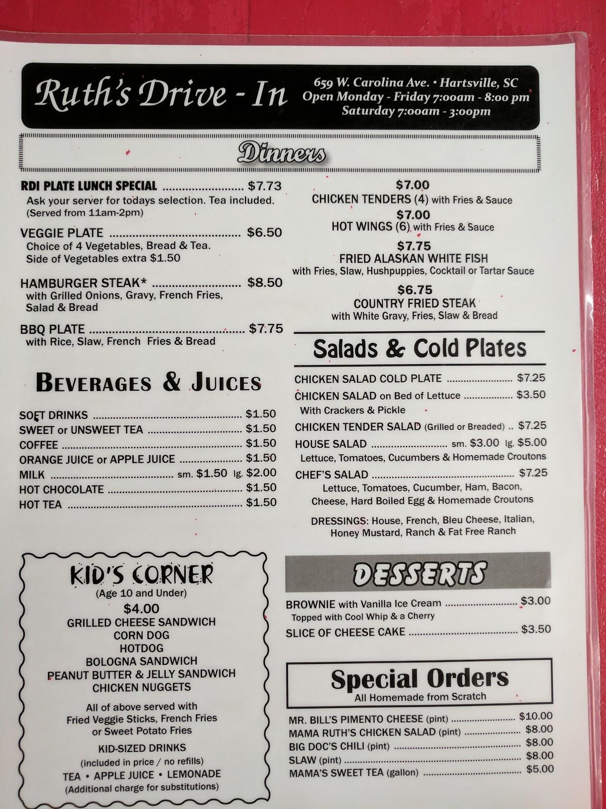 Menu at Ruth's Drive In restaurant, Hartsville