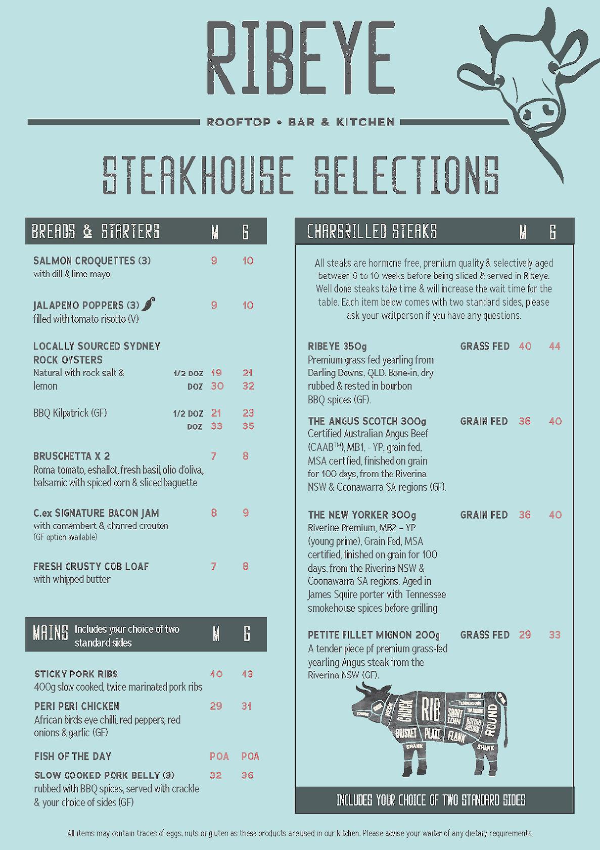 Menu at Ribeye Rooftop Bar & Kitchen, Coffs Harbour