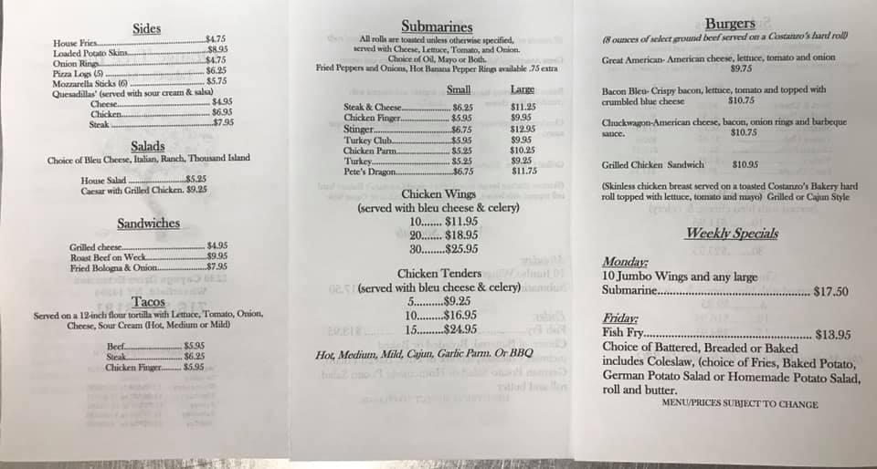 Menu at Orange Tree Inn pub & bar, Niagara Falls