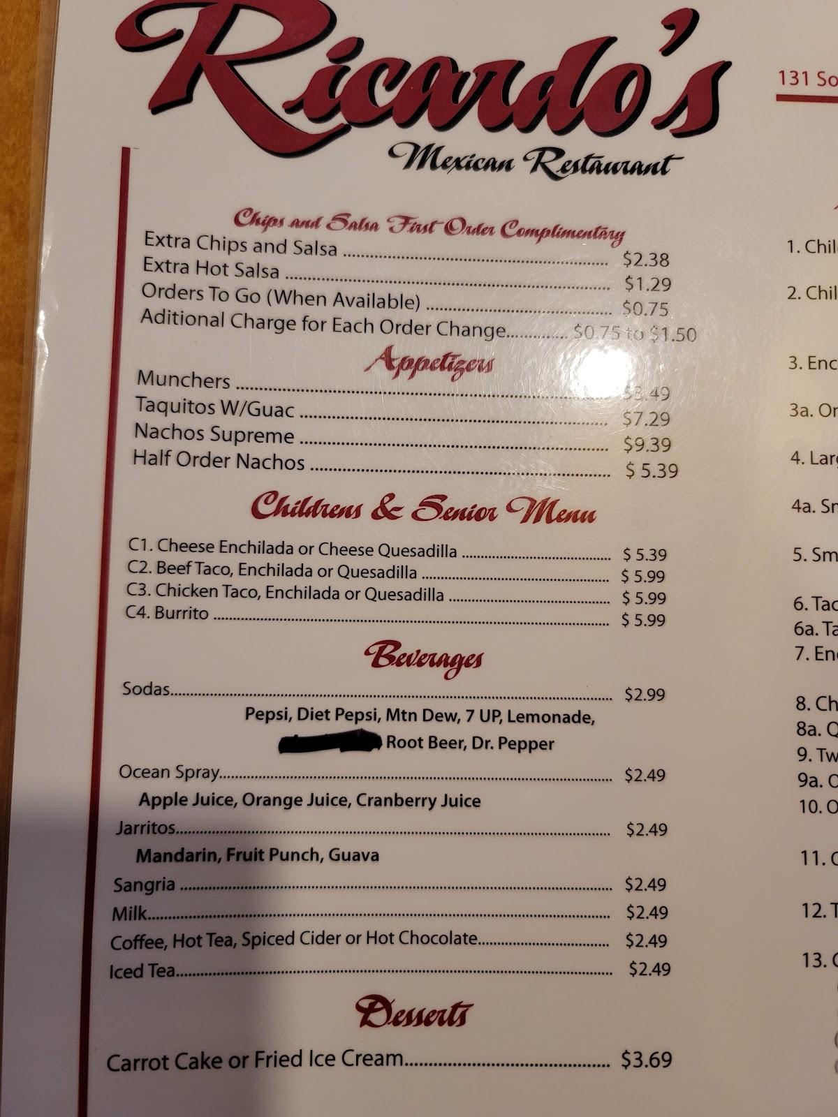 Menu at Ricardo's Restaurant, Brigham City