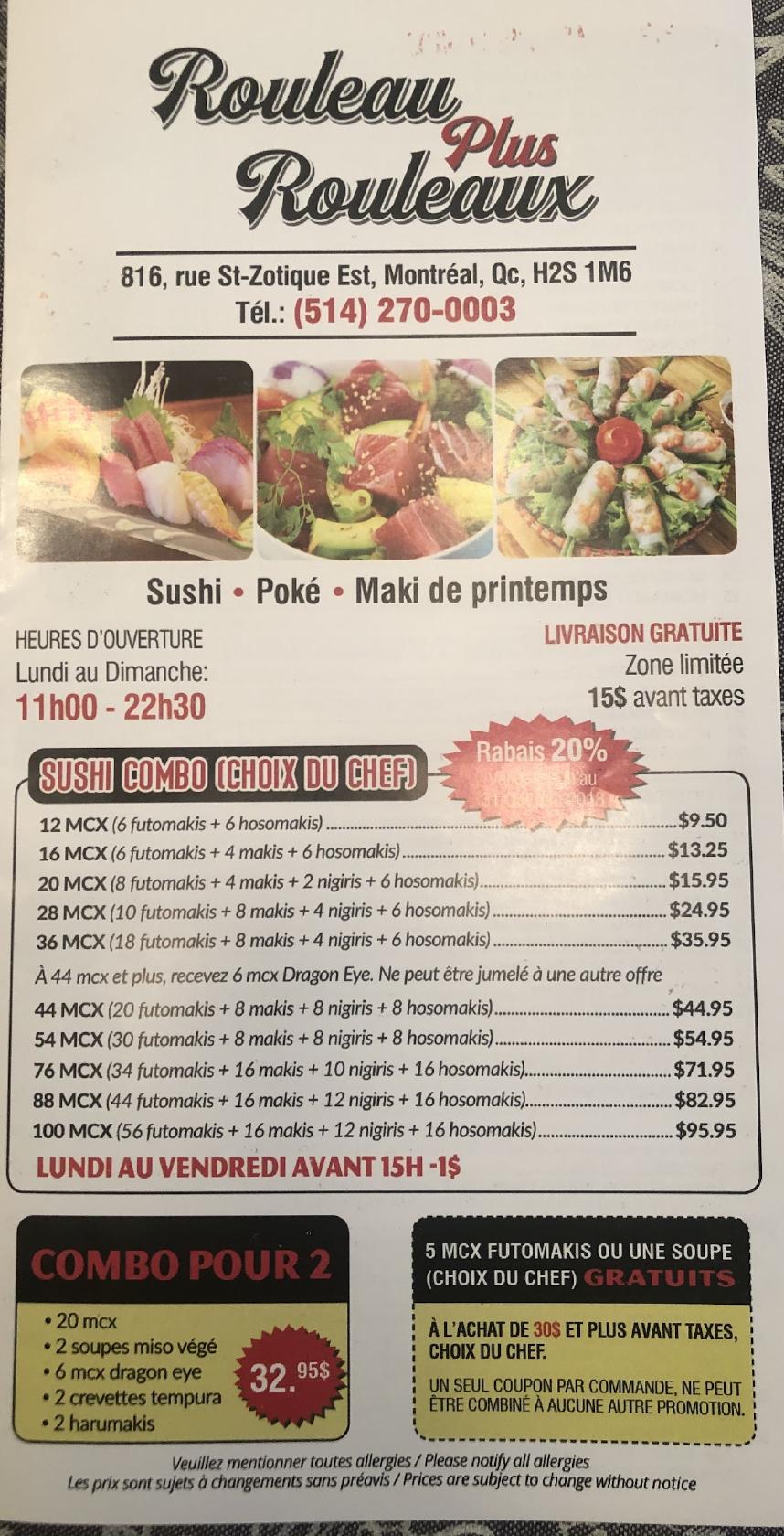 Menu at Rouleau Plus Rouleaux restaurant, Montréal