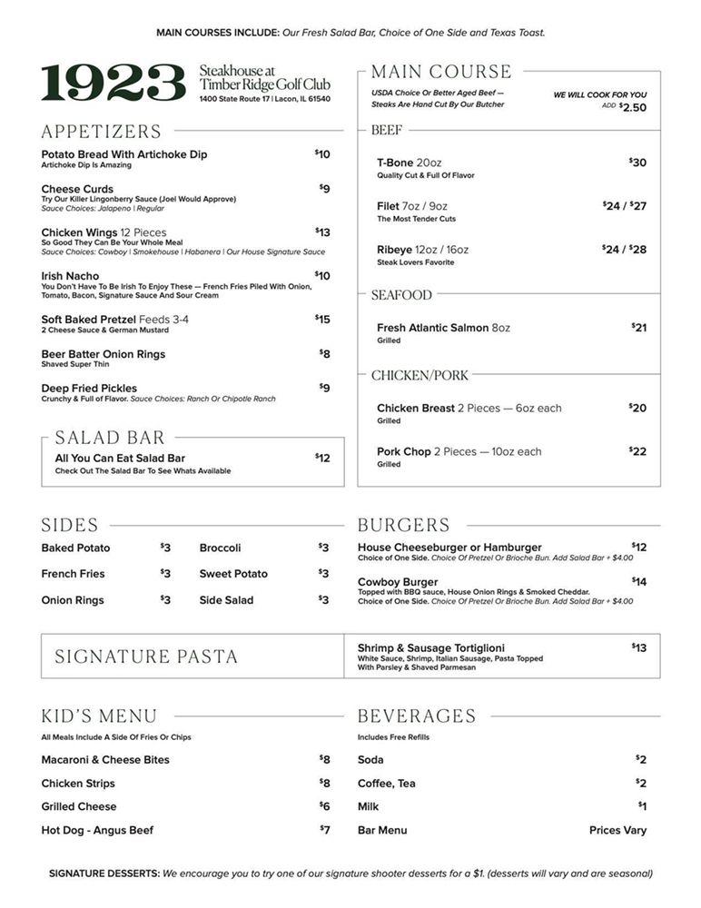 Menu at Timber Ridge Golf Club, Lacon