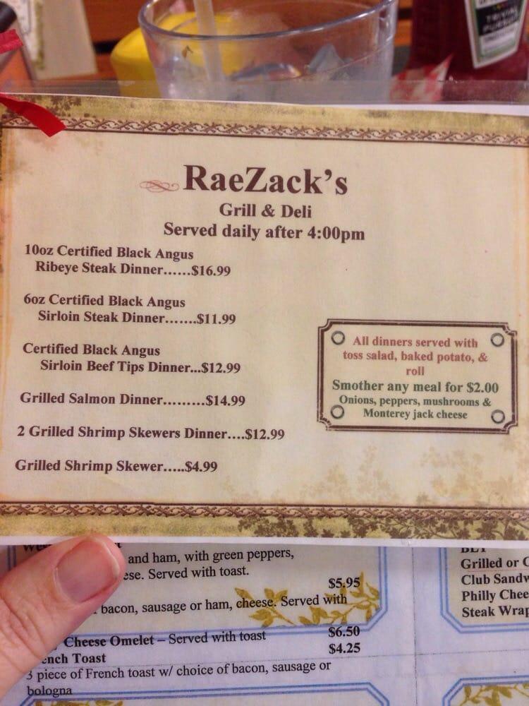 Menu at Raezack's Grill & Deli steakhouse, Helenwood
