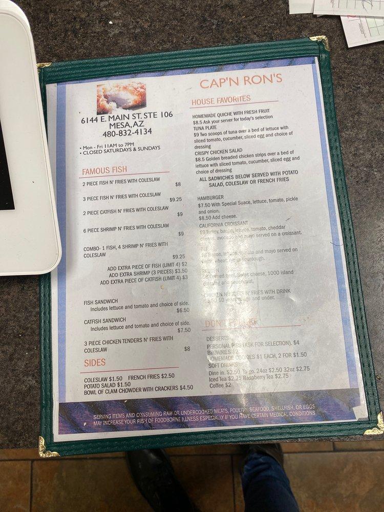 Menu at Cap'n Ron's Fish and Chips restaurant, Mesa