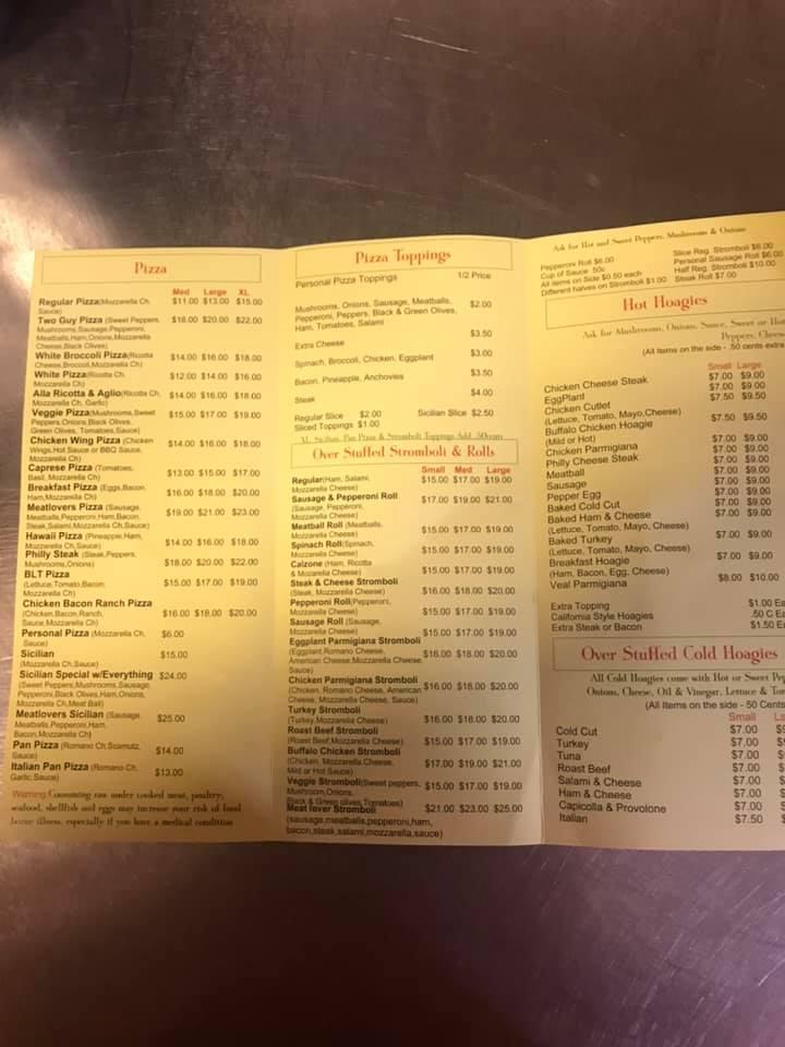 Menu at Two Italian Guys pizzeria, Hazleton