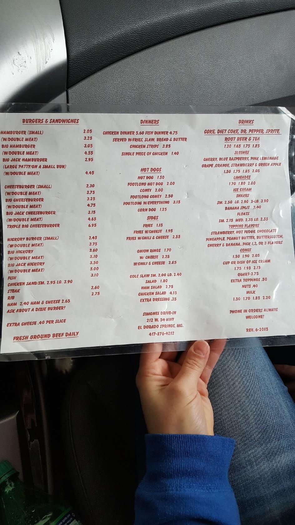 Menu at Simone's DriveIn restaurant, El Dorado Springs