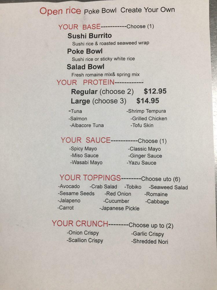 Menu at Open Rice poke bowl restaurant, Stamford