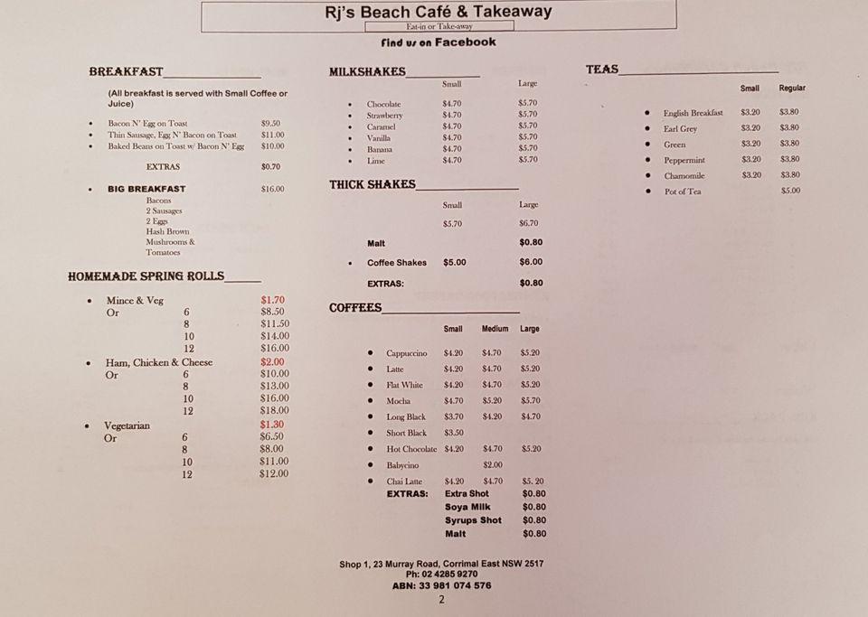 Menu at Rj's Beach Cafe & Takeaway, East Corrimal