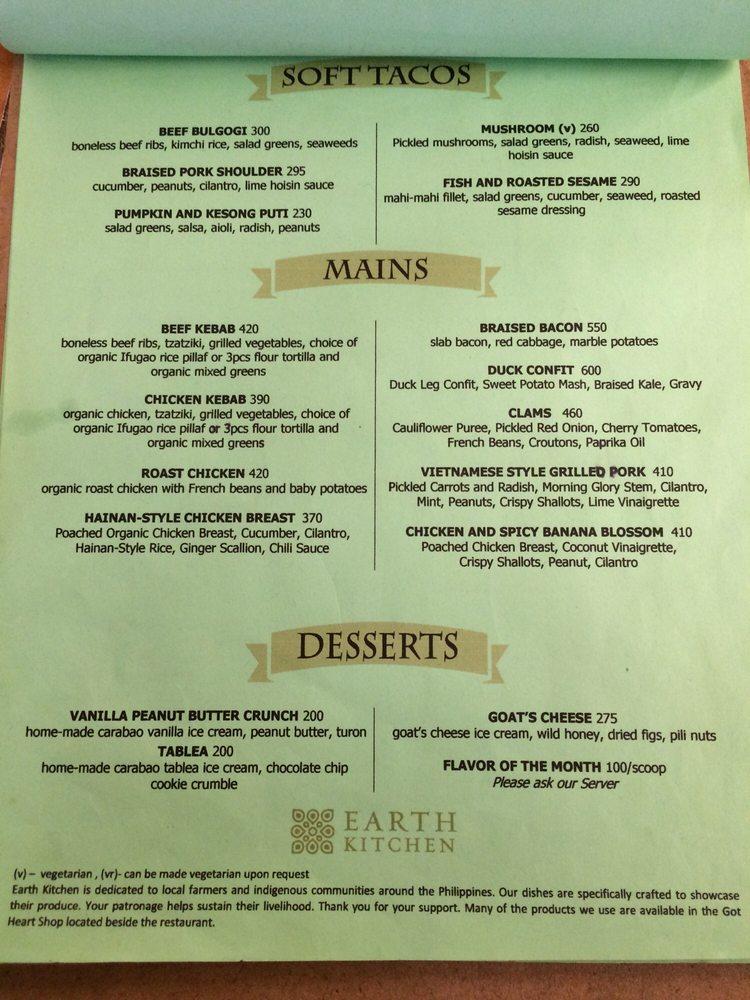 Menu at Earth Kitchen restaurant, Quezon City, J36C+473