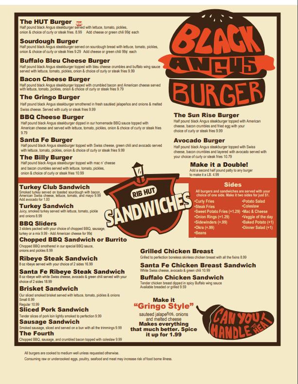 Menu at Rib Hut BBQ, El Paso, N Mesa St