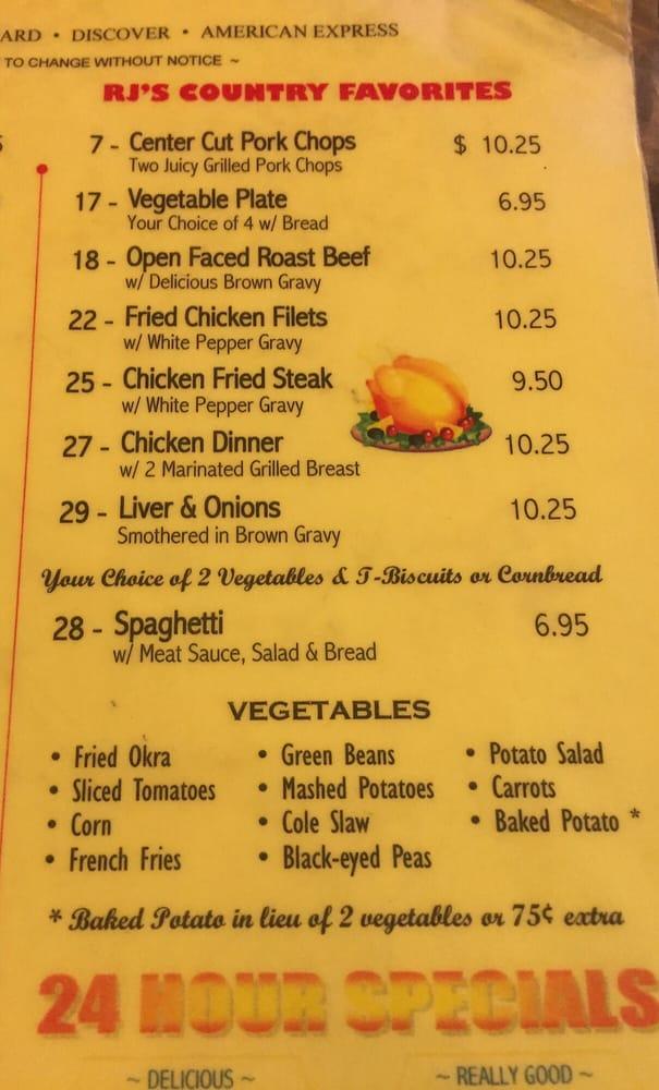 Menu at RJ's restaurant, Shreveport