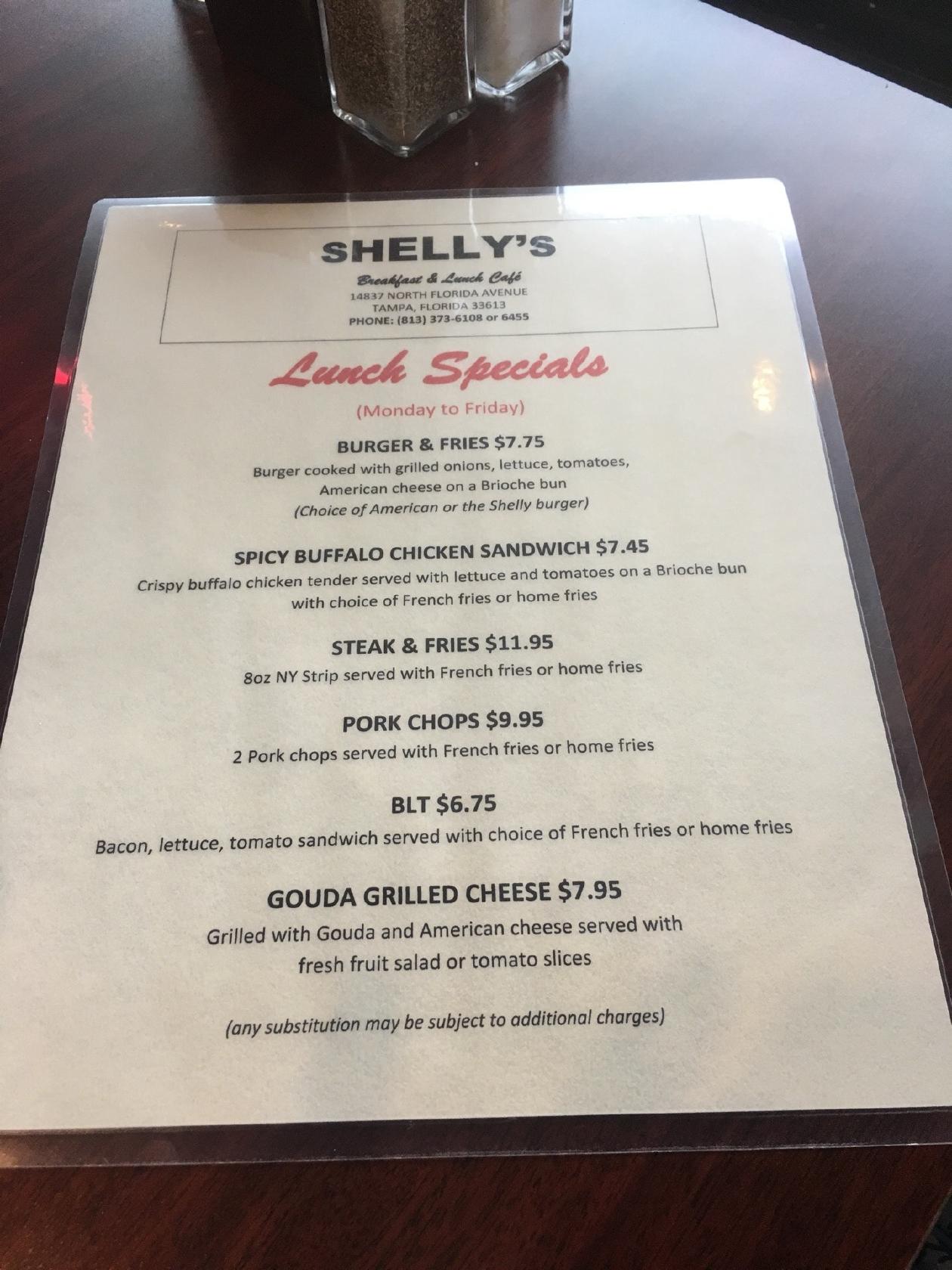 Carta de Shelly's Cafe, Tampa