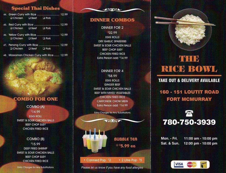 Menu at The Rice Bowl restaurant, Fort McMurray