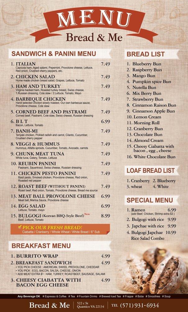 Menu at Bread Me restaurant, Quantico