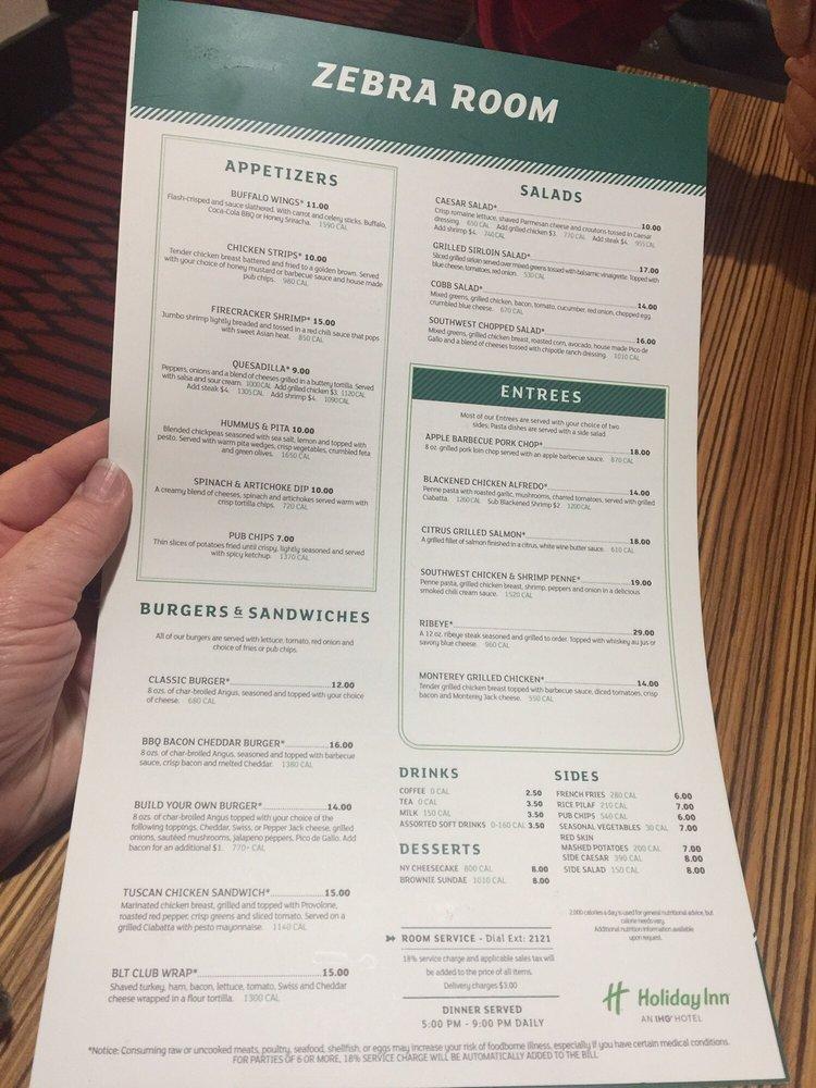 Menu at Zebra Room restaurant, Kansas City