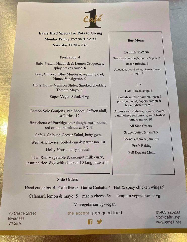 Menu at Cafe One, Inverness