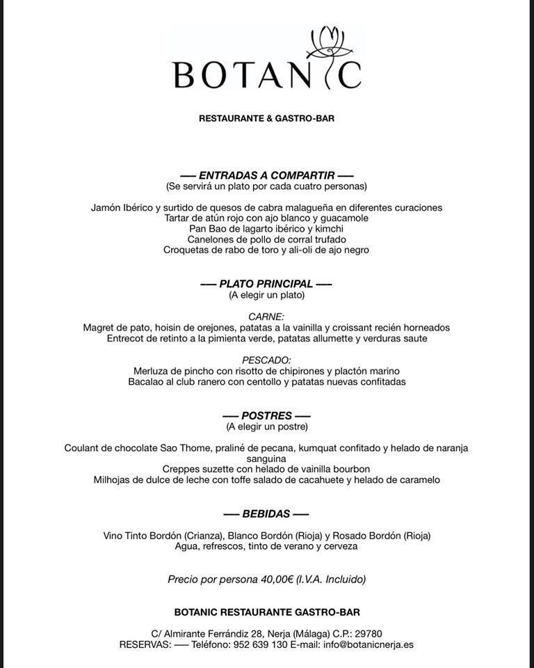 Menu at Botanic restaurant, Nerja