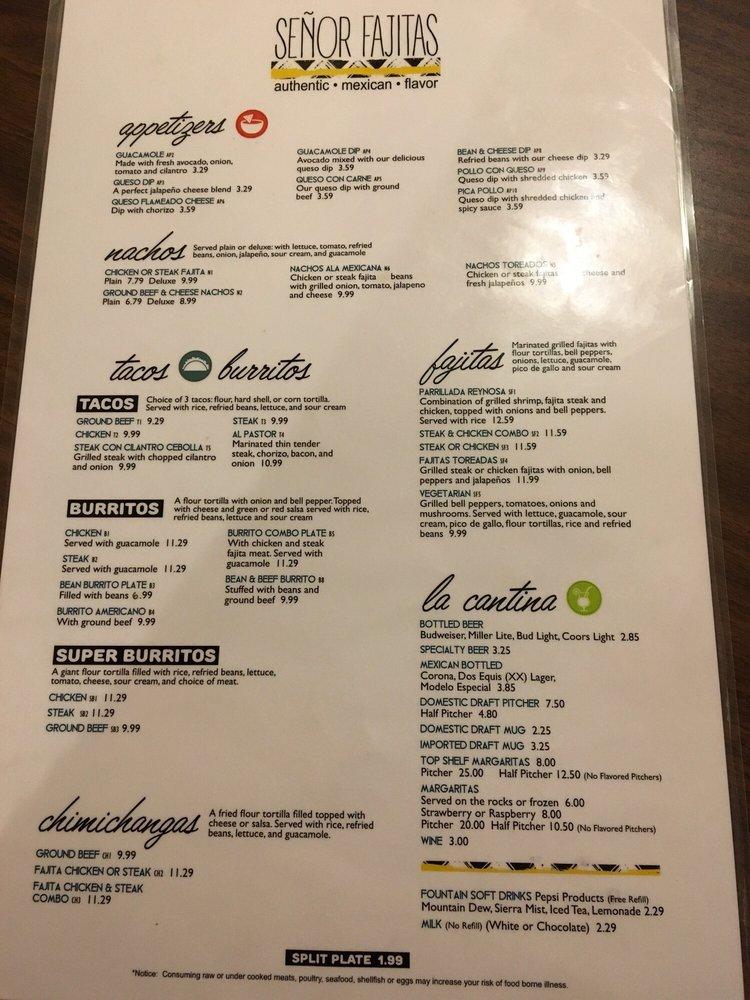 Menu at Señor Fajitas restaurant, Columbia City