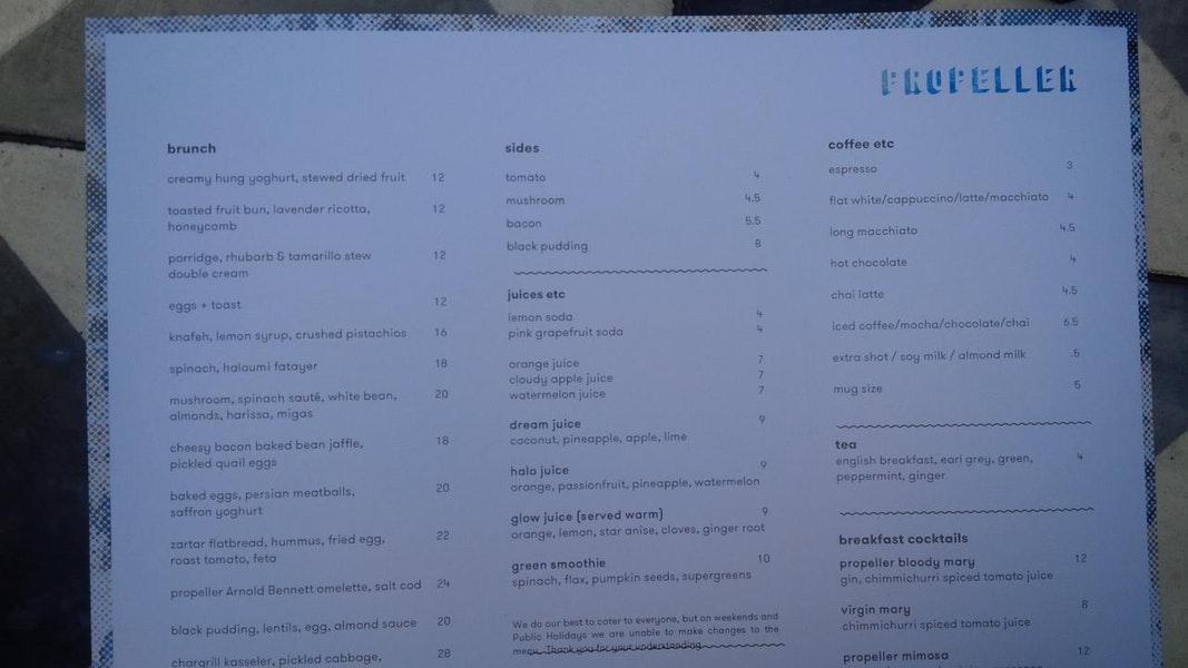 Menu at Propeller restaurant, North Fremantle