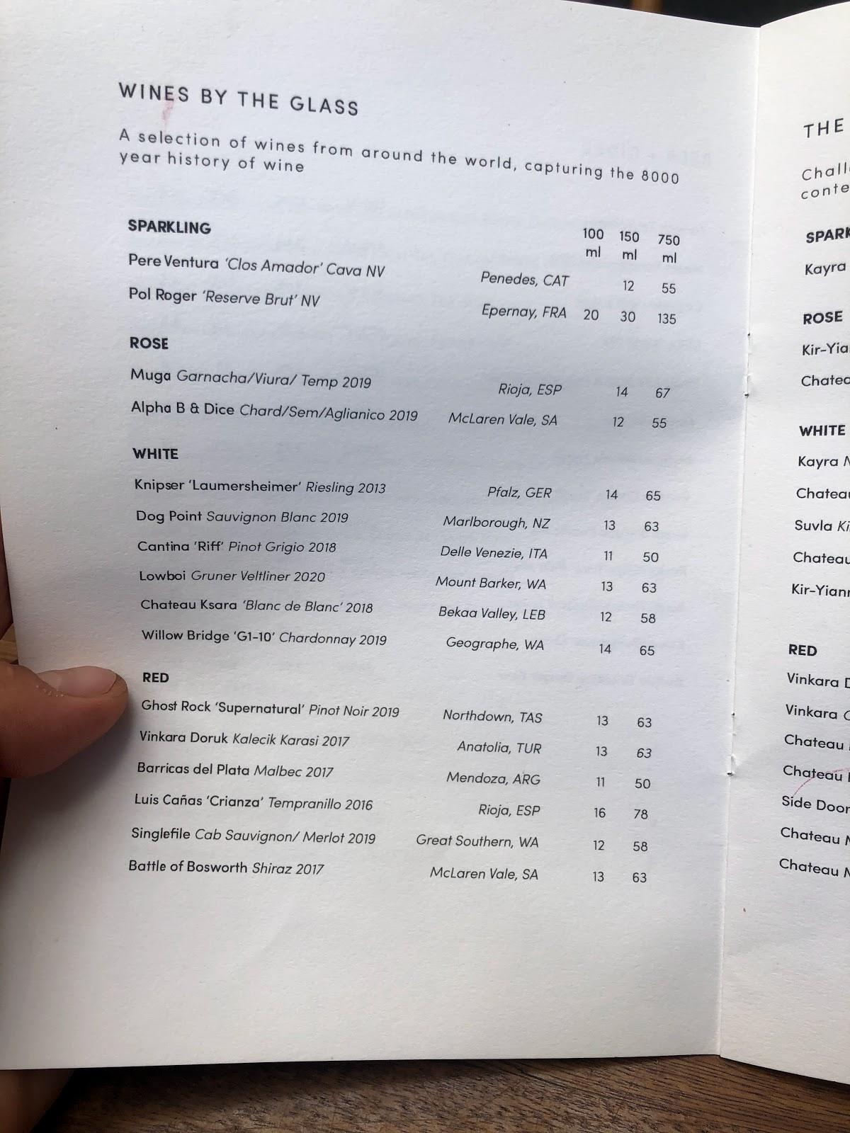 Menu at Propeller restaurant, North Fremantle