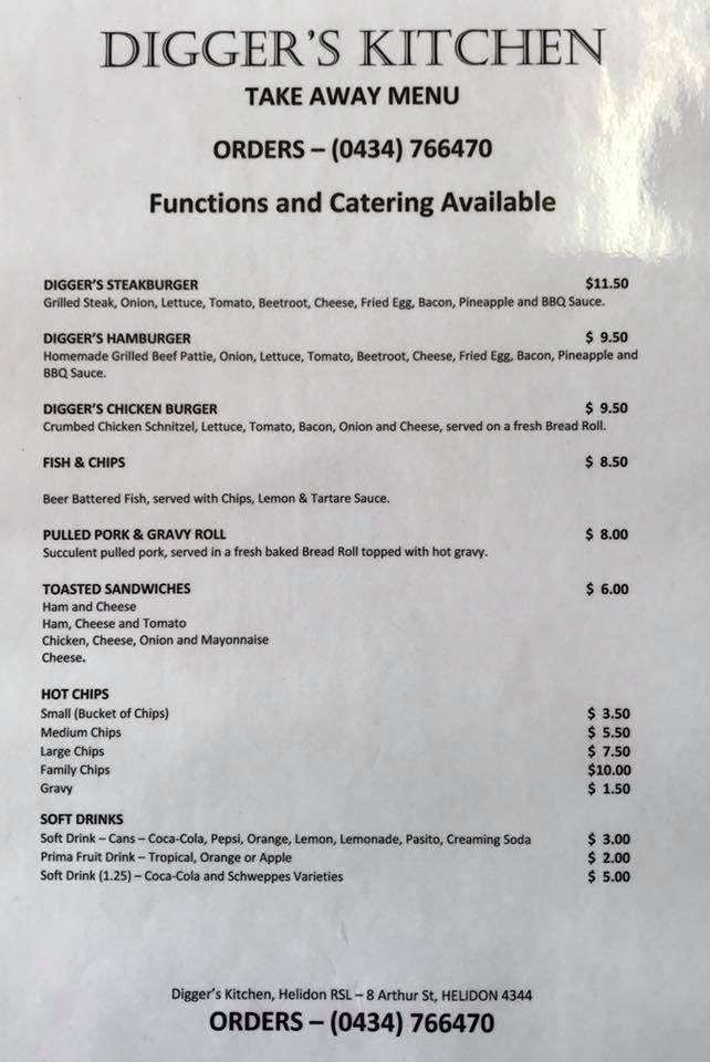 Menu at Digger's Kitchen restaurant, Helidon