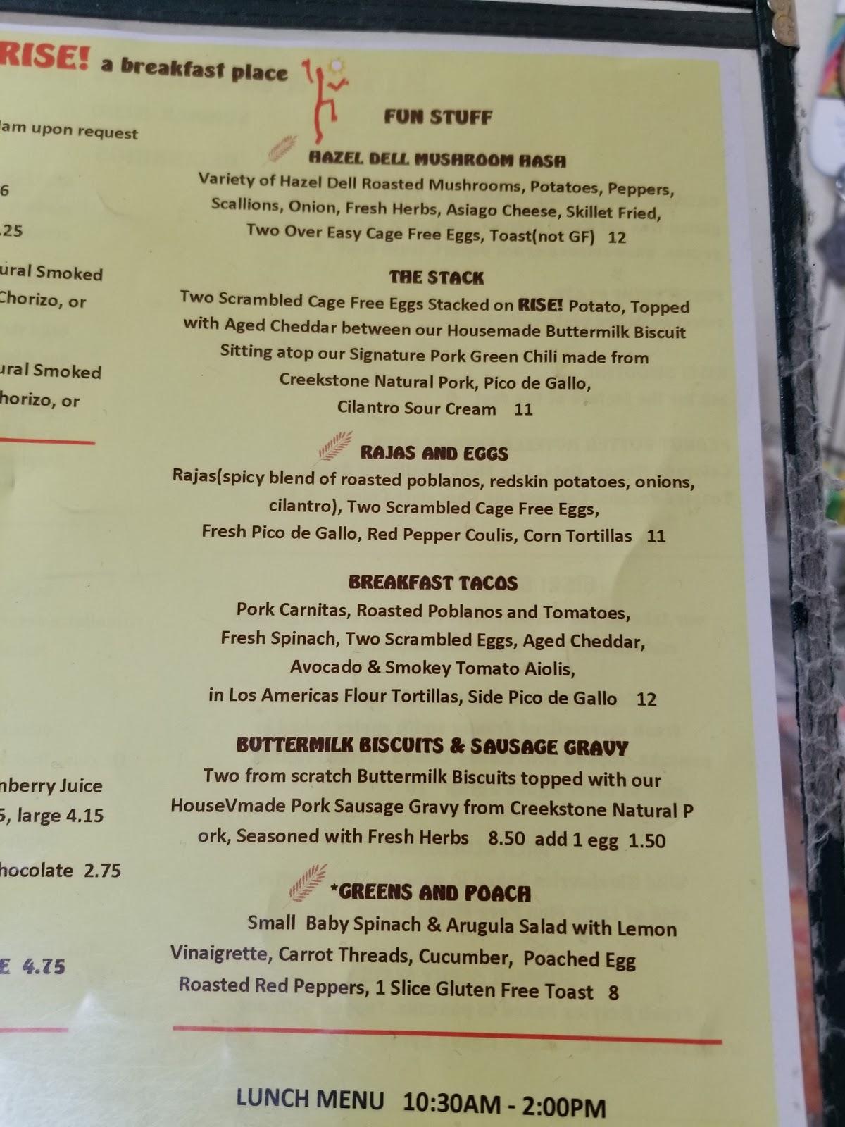 Menu at RISE! Breakfast restaurant, Fort Collins