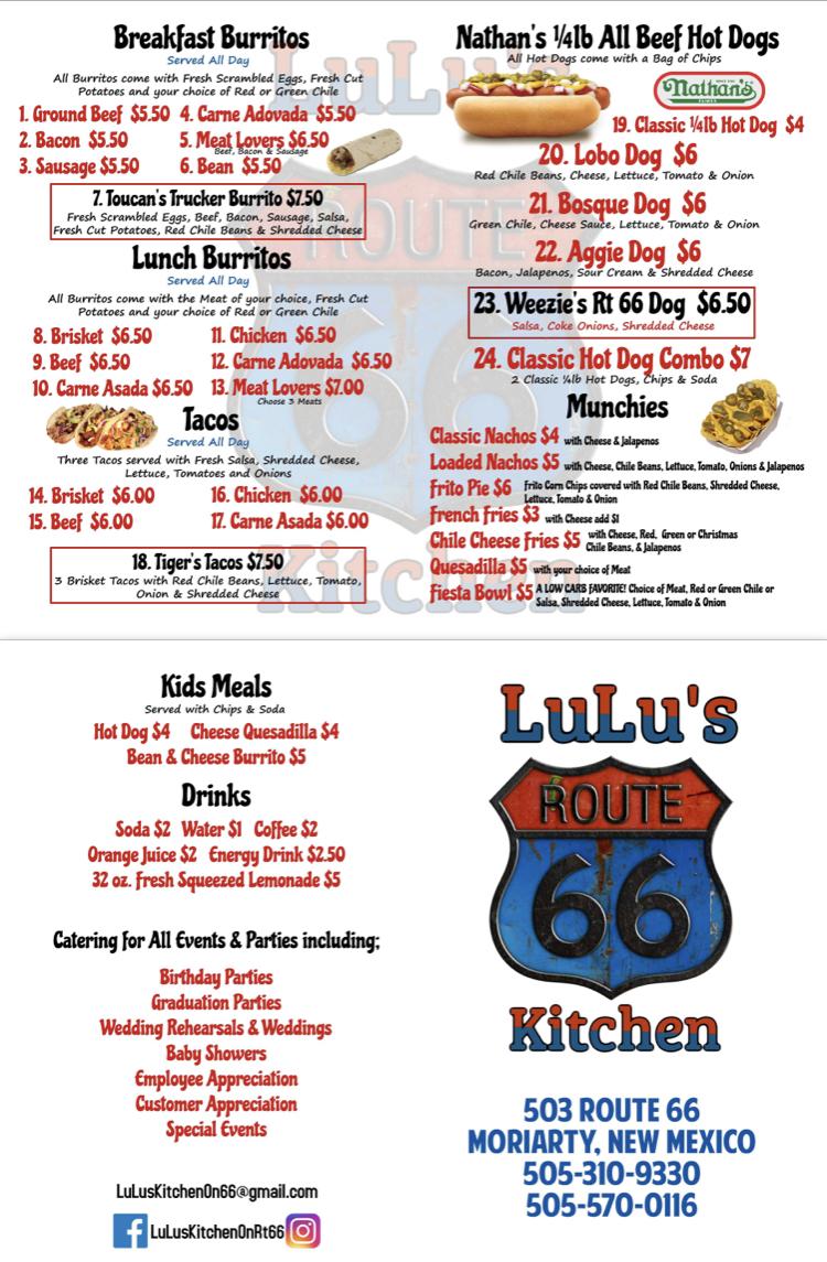 Menu at LuLu's Kitchen on Rt66 restaurant, Moriarty