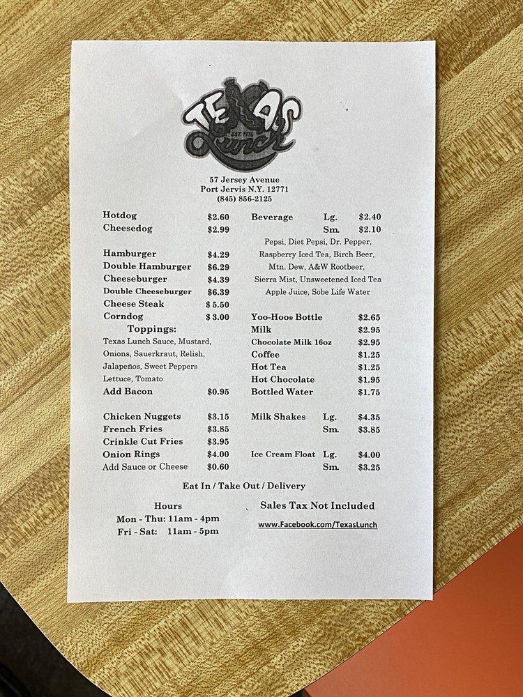 Menu at Texas Lunch restaurant, Port Jervis