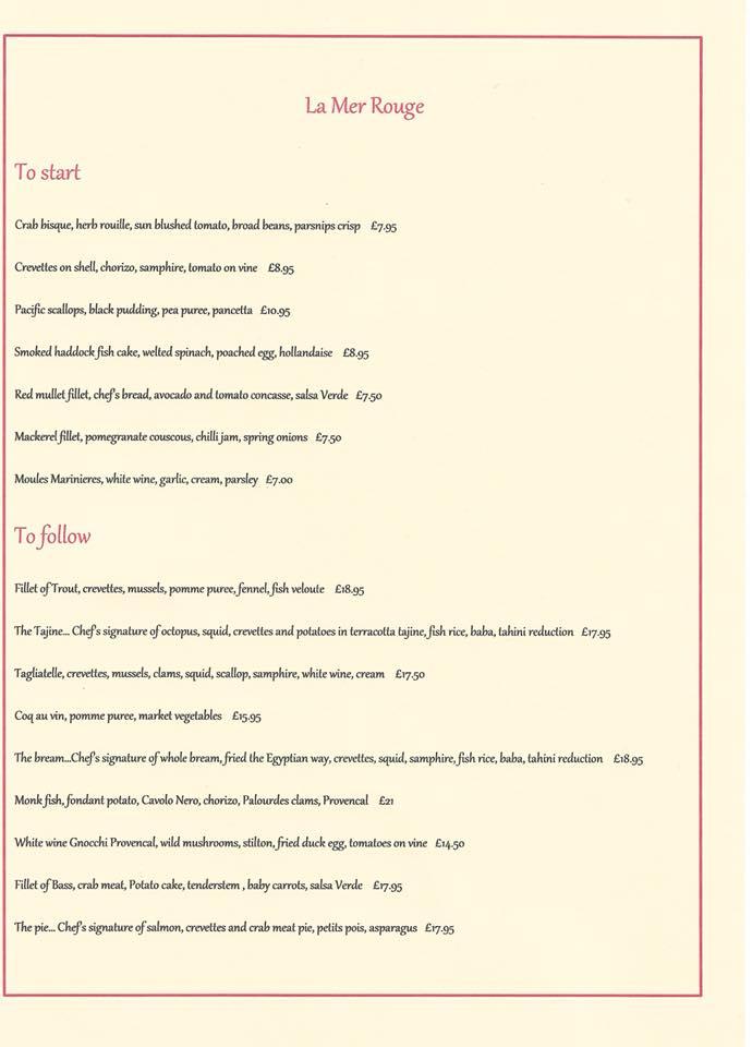 Menu at La Mer Rouge restaurant, Shrewsbury