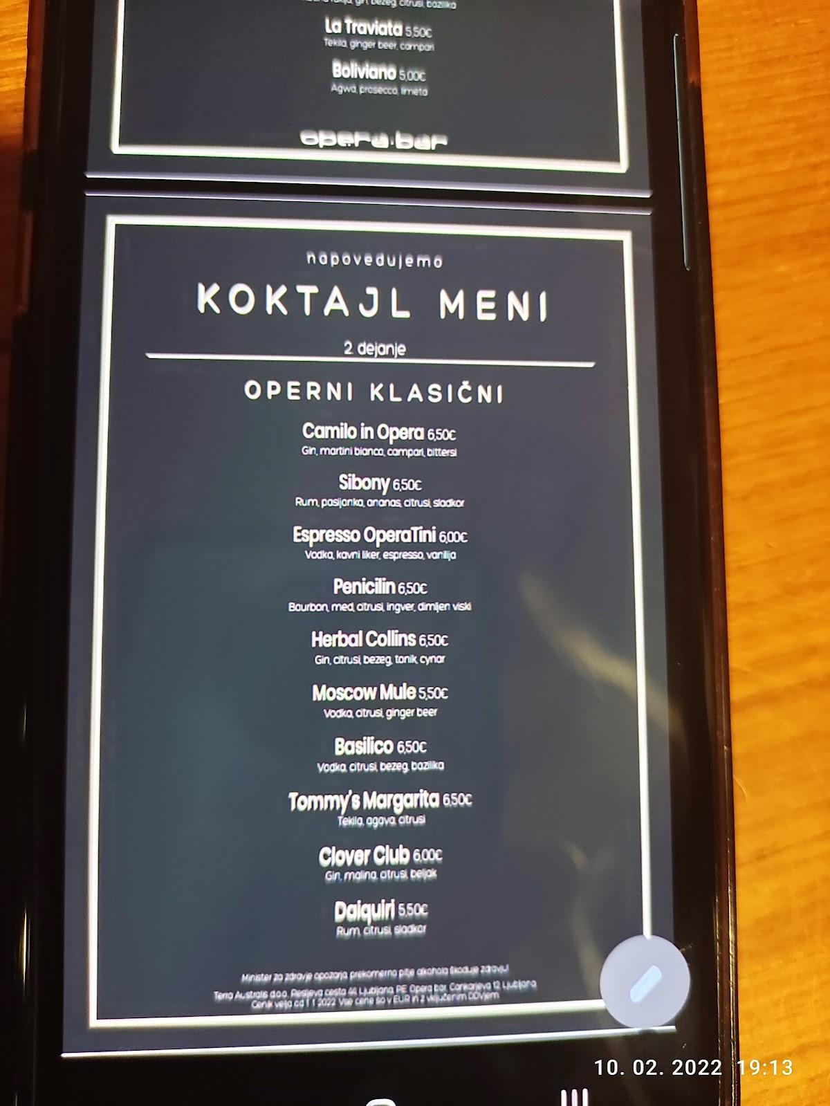 Menu da Opera Bar, Lubiana