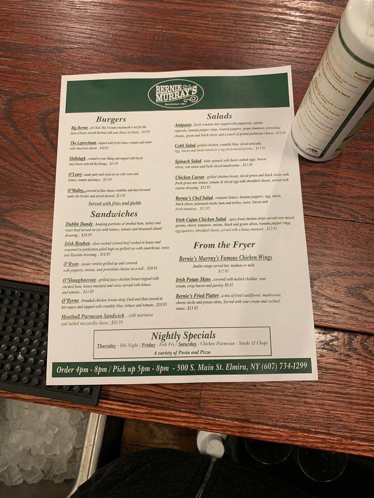 Menu at Bernie Murray's restaurant, Elmira