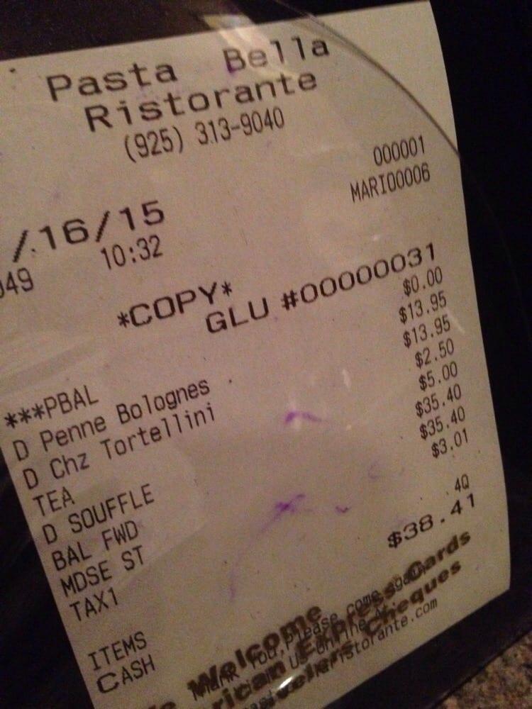 Menu at Pasta Bella Ristorante restaurant, Martinez