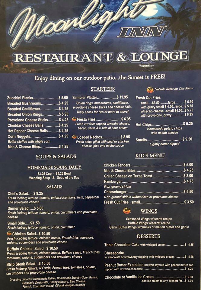 Menu at Moonlight Inn pub & bar, Vandergrift, La Belle Vue Rd