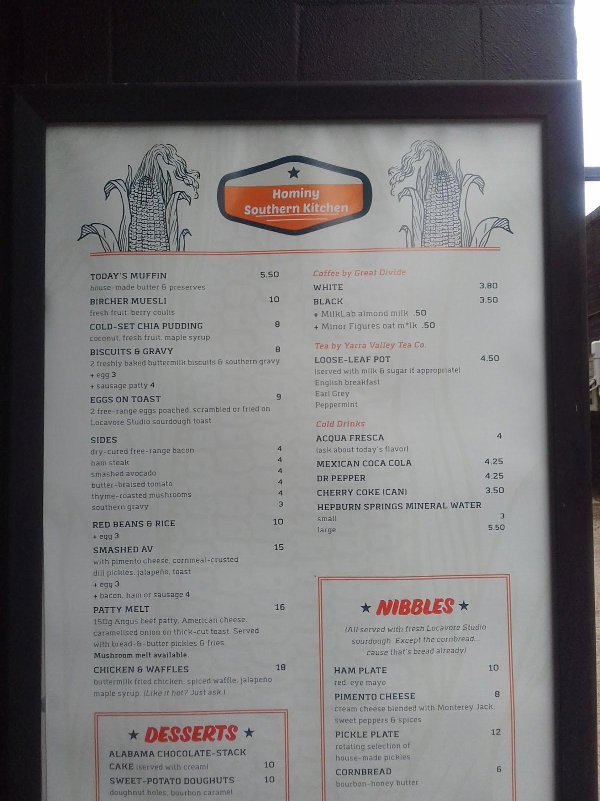 Menu at Hominy Southern Kitchen restaurant, Healesville