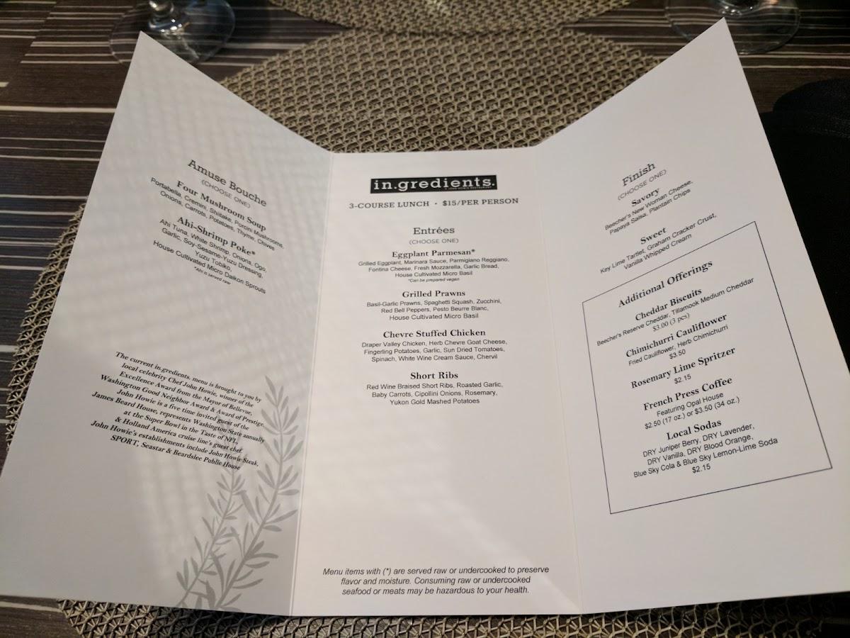 Menu at In.gredients restaurant, Redmond